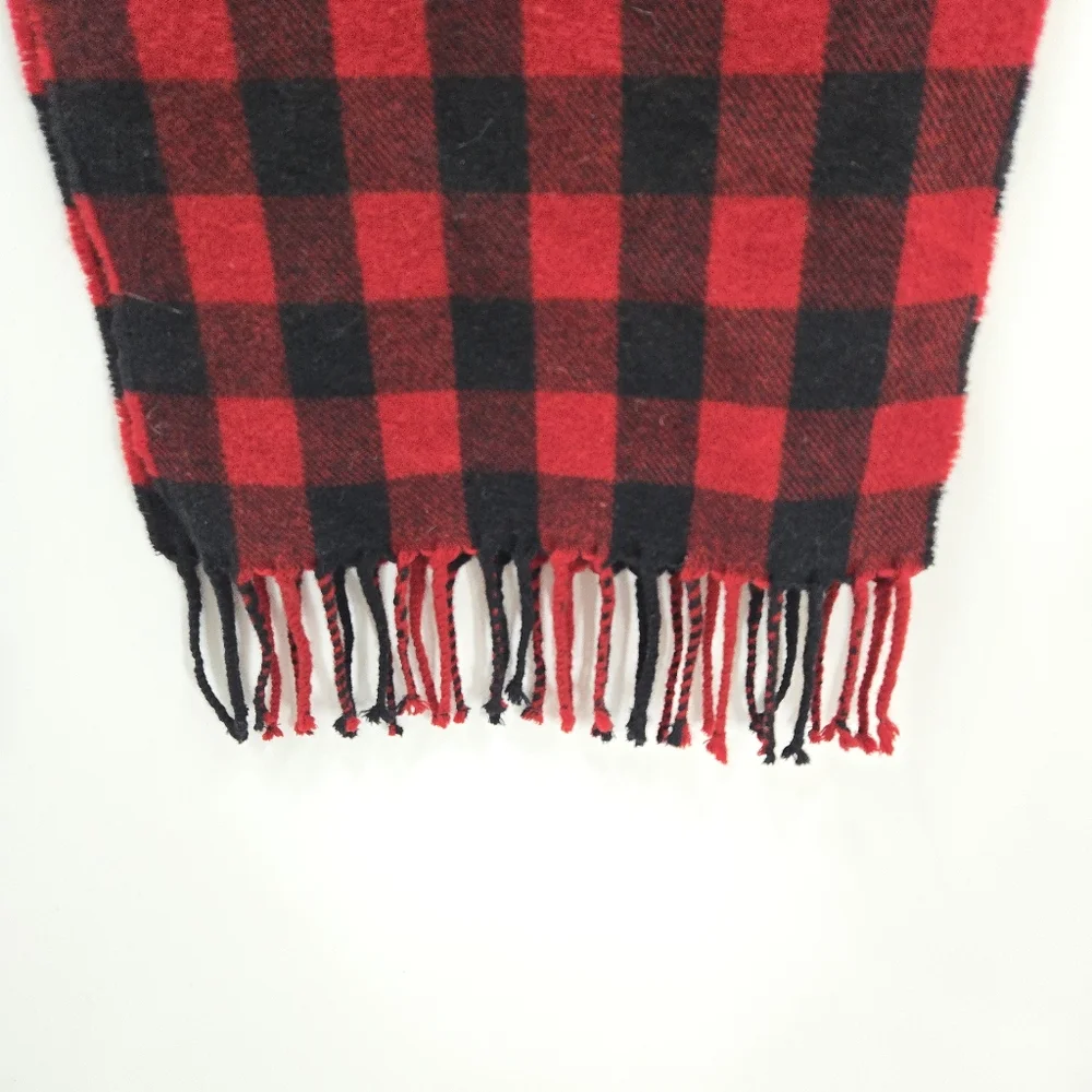 J.Crew Scarf Wool‎ Black Red Buffalo Plaid Rectangle Fringe